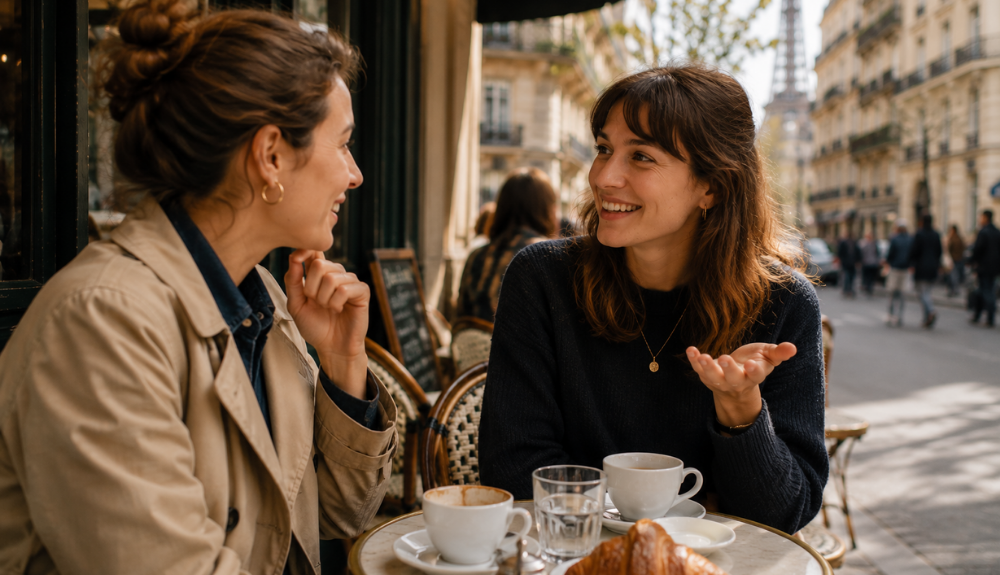 Two women chat at a Paris sidewalk cafe with coffee and a croissant, the Eiffel Tower blurred in the background.