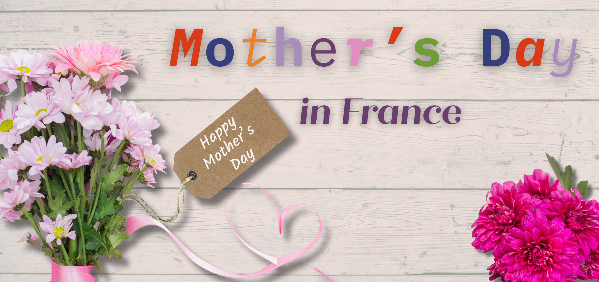 Pink and magenta flowers with a "Happy Mother's Day" tag on a wooden backdrop. Text reads "Mother's Day in France" in colorful letters.