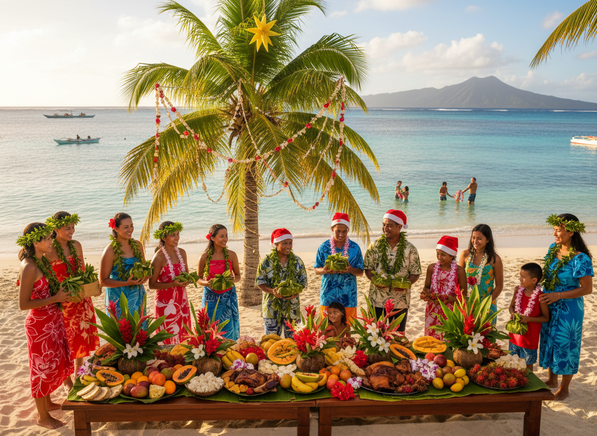 People in Hawaiian attire with Santa hats stand by a decorated palm, holding gifts on a beach. A feast of tropical fruits is on a table.