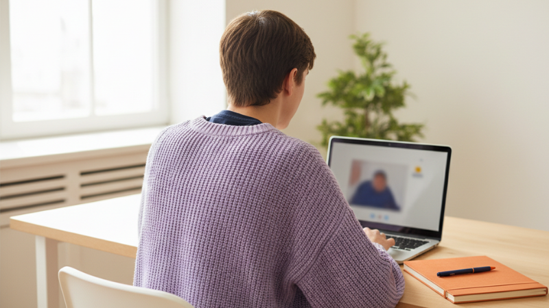 Person in a purple sweater on a video call using a laptop in a bright room with a window and plant, orange notebook on the table.