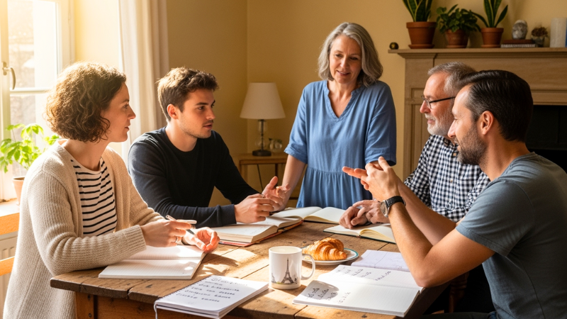 A small group of adults sitting around a wooden table with notebooks and croissants, engaged in animated conversation during a French conversation group class