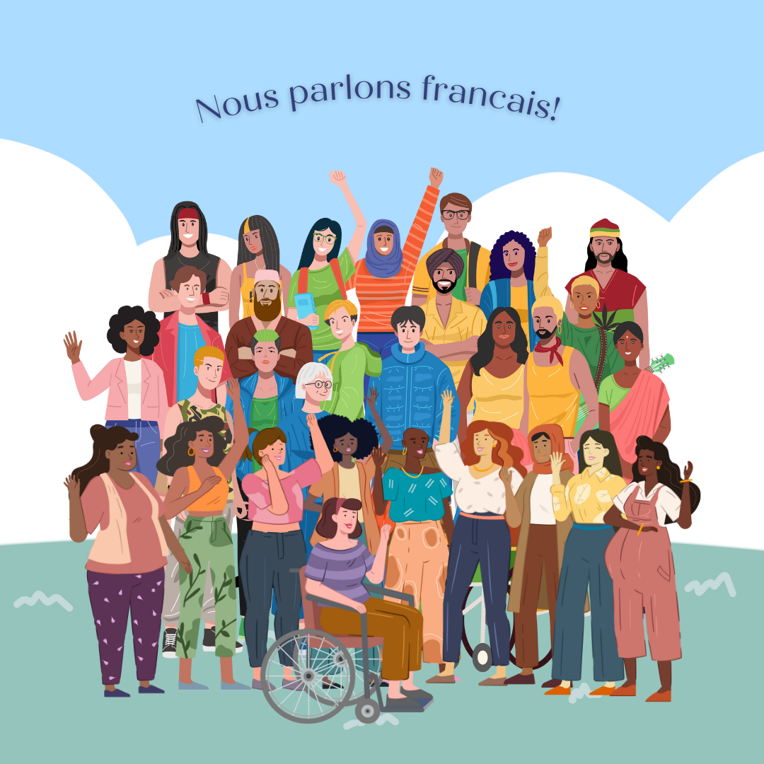 Diverse group of people smiling and waving in colorful outfits. "Nous parlons français!" text above. Blue sky and green ground. Inclusive mood.