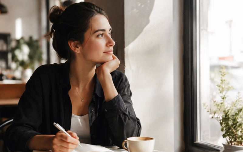 Woman writing in a notebook at a cafe window, resting her chin on her hand beside a cup of coffee, looking thoughtful.
