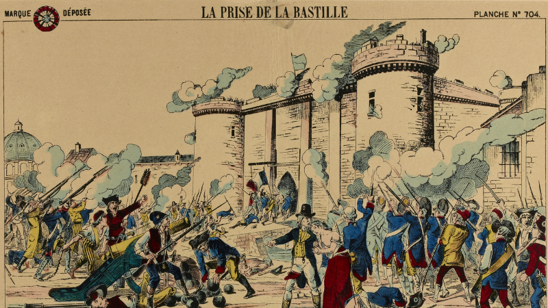 Revolutionaries storm Bastille in a chaotic battle scene. Smoke fills the air, with soldiers in colorful attire. Text: LA PRISE DE LA BASTILLE.