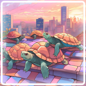 Turtles on a colorful rooftop overlook a cityscape at sunset. The sky is pink and orange, with skyscrapers in the background