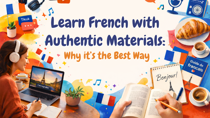 Woman with headphones learns French on laptop, surrounded by colorful items; text reads "Learn French with Authentic Materials: Why it’s the Best Way."