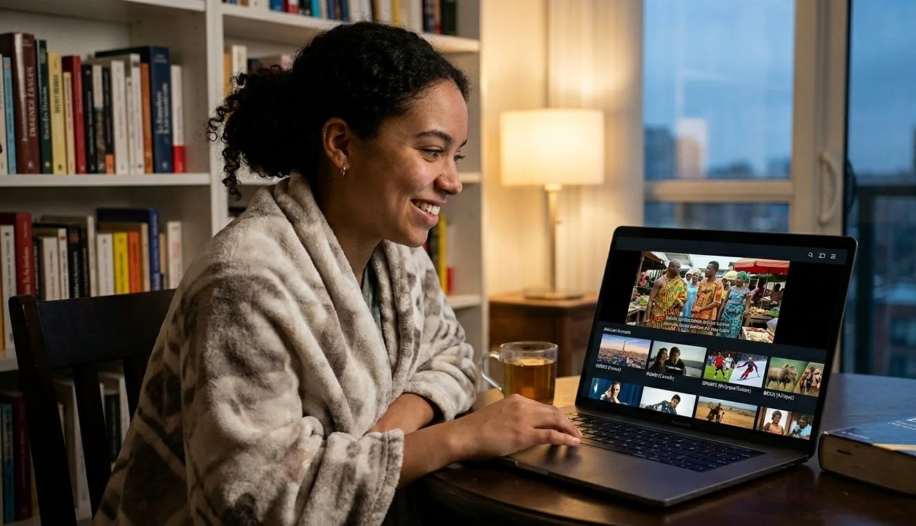 Woman in a gray robe smiles while watching a video on a laptop, sitting at a table with a cup of tea. Bookshelves and lamp in background.