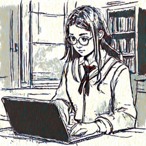 Illustrated sketch of a female student in school uniform with glasses working on a laptop during an online private French lesson