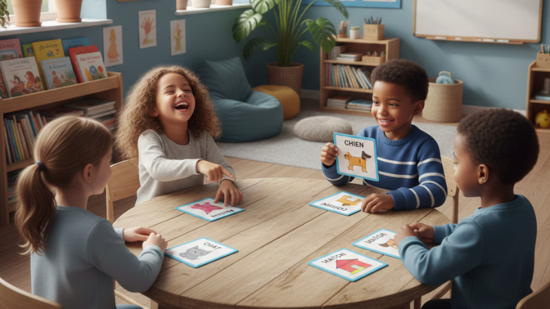 Children sit around a table in a classroom playing a card game. A boy holds a card labeled "CHIEN." The mood is joyful, the room colorful.