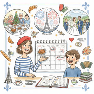 Woman and boy plan French events on a calendar. Illustrations of Christmas, Bastille Day, wedding, and French items