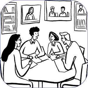 Four people sit around a table, discussing with papers. Bookshelves and portraits on the walls. Monochrome sketch, lively atmosphere.