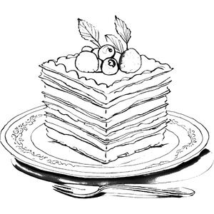 A mille-feuille cake slice decorated with berries, set on a beautiful porcelain plate, with a cake fork on the side