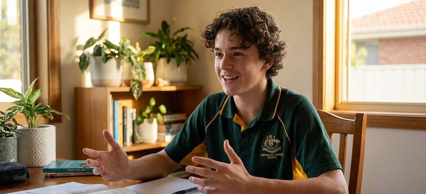 Teenage boy in an Australian school sports polo gesturing confidently while speaking during an online French tutoring session at home