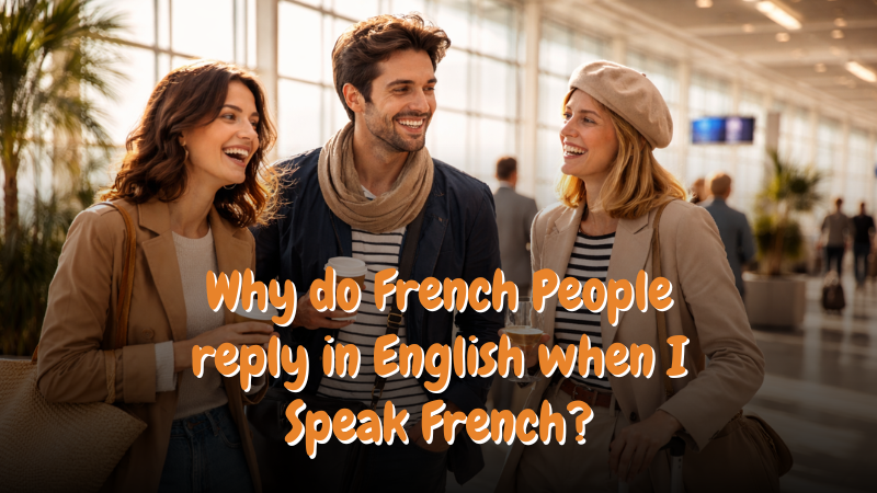 Three people in stylish fall attire smile and walk in an airport, holding coffee. Text reads, "Why do French People reply in English when I Speak French?"