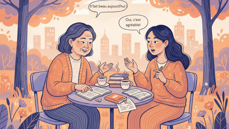 Two women converse at a table in an autumn park, with books, tea, and speech bubbles in French. Warm colors create a cozy mood.