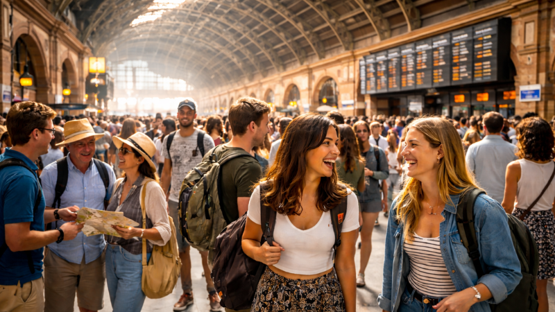 People in a busy train station, smiling and chatting. Two women in focus carry backpacks. Large timetable board overhead. Bright, lively atmosphere.