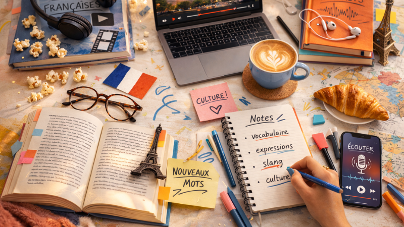 Laptop, coffee, notes, phone, and French book on table with Eiffel Tower model. Sticky notes read "Nouveaux Mots" and "Culture." French theme.