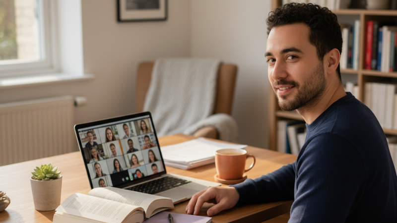 Man smiling at desk, on video call with laptop showing multiple faces. Cozy room, books, and a cup of coffee create a relaxed mood.