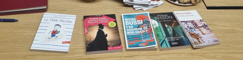 A selection of French novels laid out on a table including Le Petit Nicolas, Arsène Lupin, Michel Bussi, Philippe Besson and Hervé Le Tellier — French book club reading list for adults in Melbourne