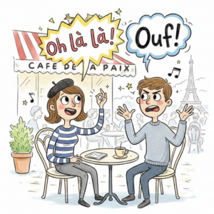 Two animated people at a Parisian cafe gesturing excitedly. Speech bubbles say "Oh là là!" and "Ouf!" Eiffel Tower in the background.