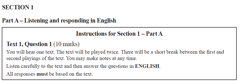 VCE French Written Exam Section 1 Part A — instructions for the listening and responding in English task, worth 10 marks