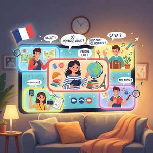 A colorful illustrated scene with people speaking French phrases, a globe, travel icons, and French flag; set in a cozy living room with a sofa.