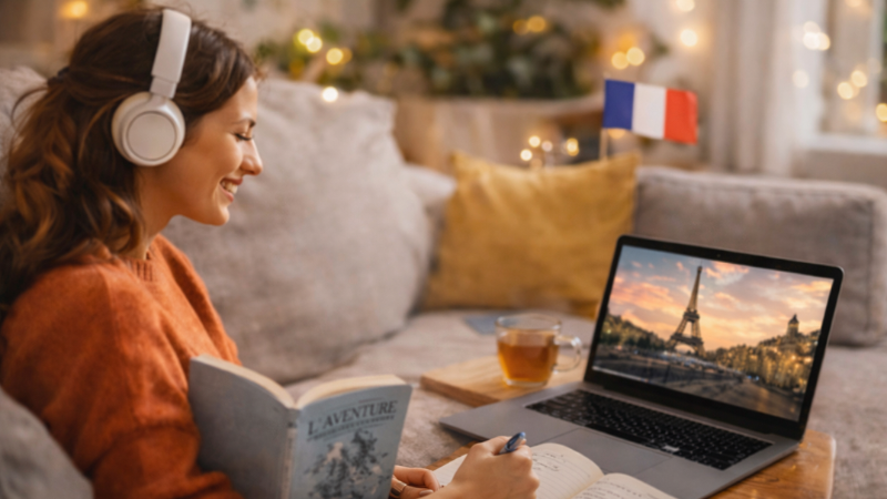Woman in headphones writes in a notebook beside a laptop showing the Eiffel Tower. She holds a book titled "L'AVENTURE." Mood is cozy.