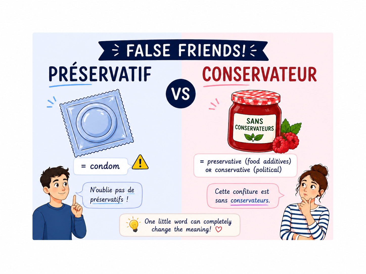 Illustration of false friends: "préservatif" (condom) vs "conservateur" (preservative). Features a man and woman, condom, and jam jar.