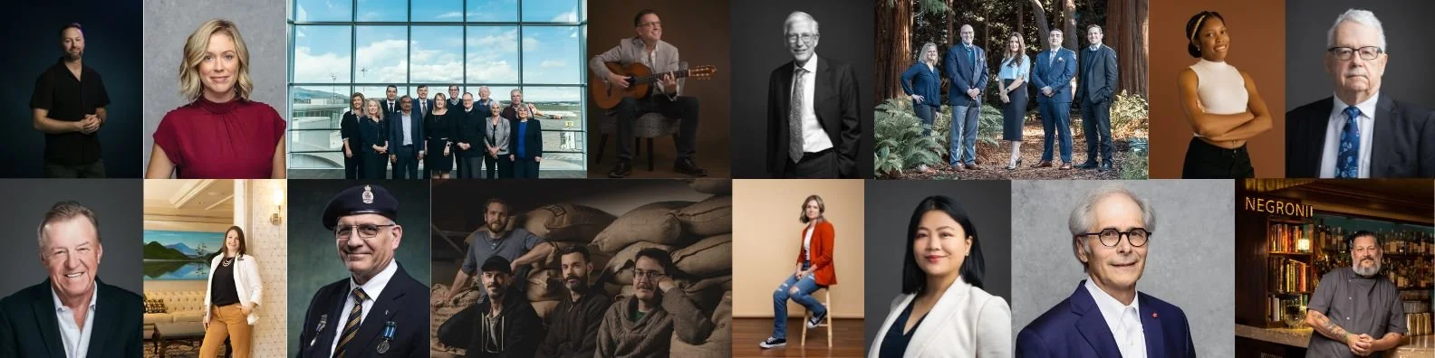 A collage of individual portraits and group photos of professional and casually dressed individuals, along with a person playing guitar and some people in a warehouse or storage setting. Some photos are taken indoors with neutral backgrounds, while others are outdoors or in a natural setting.