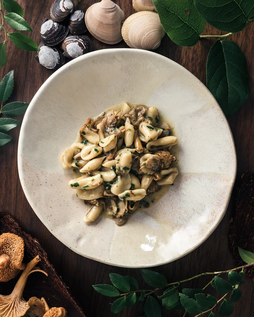 Creamy pasta with mushrooms served on a white plate, surrounded by moss, leaves, and seashells on a wooden surface.
