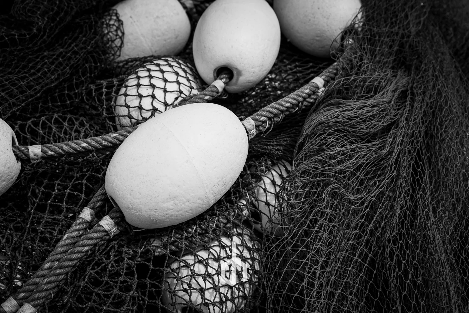 Close-up of fishing nets and white buoy floats with ropes and mesh in black and white.