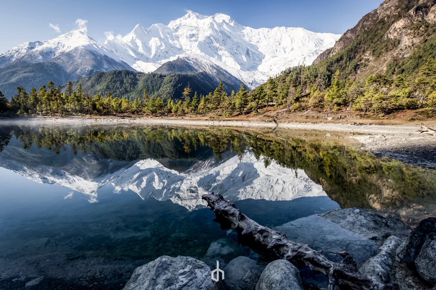 Snow-capped mountain range reflected in a calm lake surrounded by green pine trees with a partly clear sky.