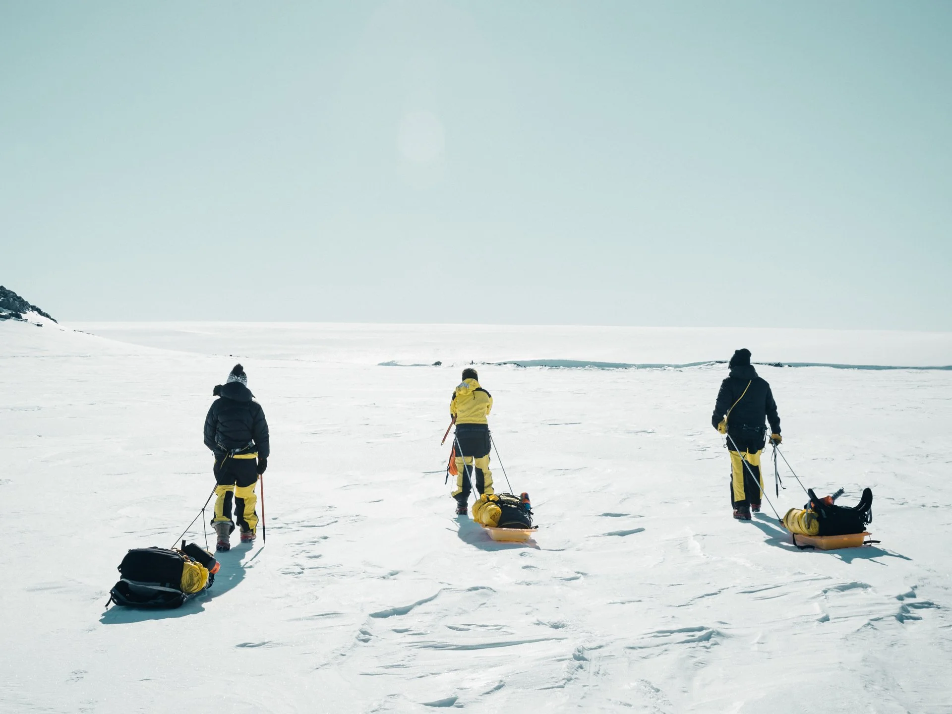 Four people in cold weather gear stand in a snowy landscape with a dog on a sled, with a vast, open sky and ocean in the background.