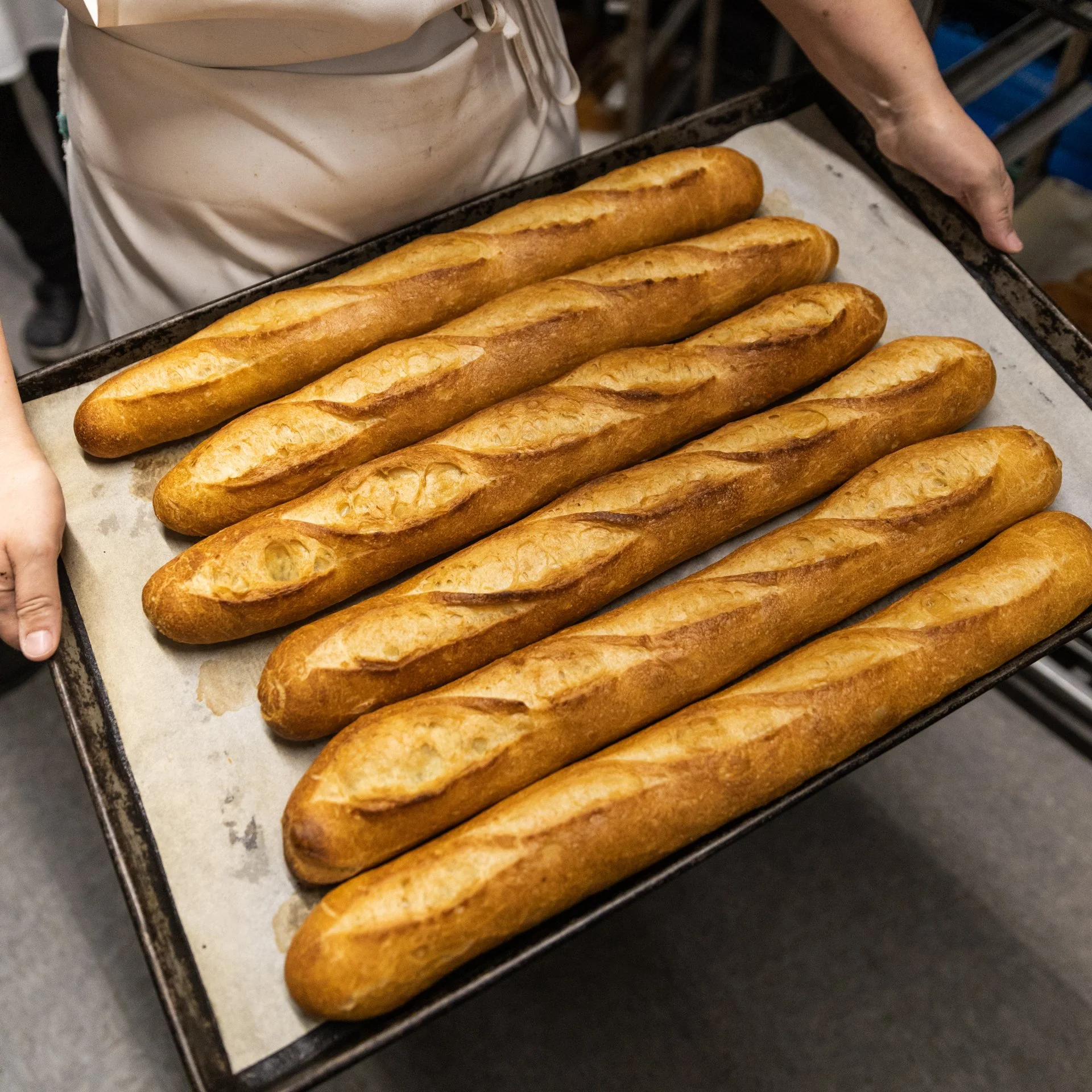Several freshly baked baguettes on a baking sheet lined with parchment paper.