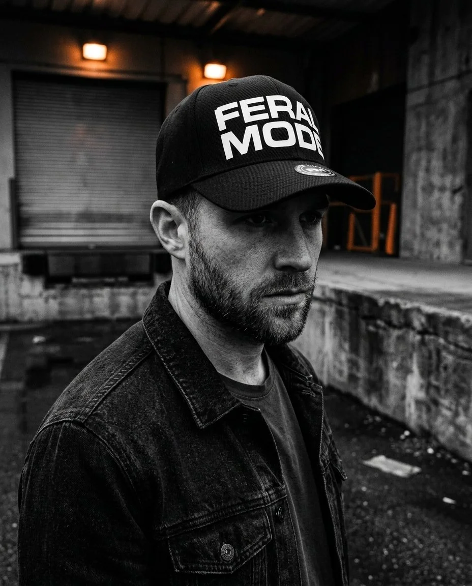 New hat. LARGE-PRINTED FERAL MODE, stitched on black. 6 made, then it's gone.

When you want the guys way in the back to see that you are in FULL FERAL MODE, wear this hat. The striking white-on-black vinyl print is visible from space. This hat has a