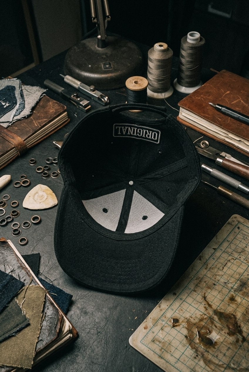 A cluttered work desk with sewing tools, notebooks, threads, rubber rings, a cutting mat, and a black ORGINAL baseball cap.