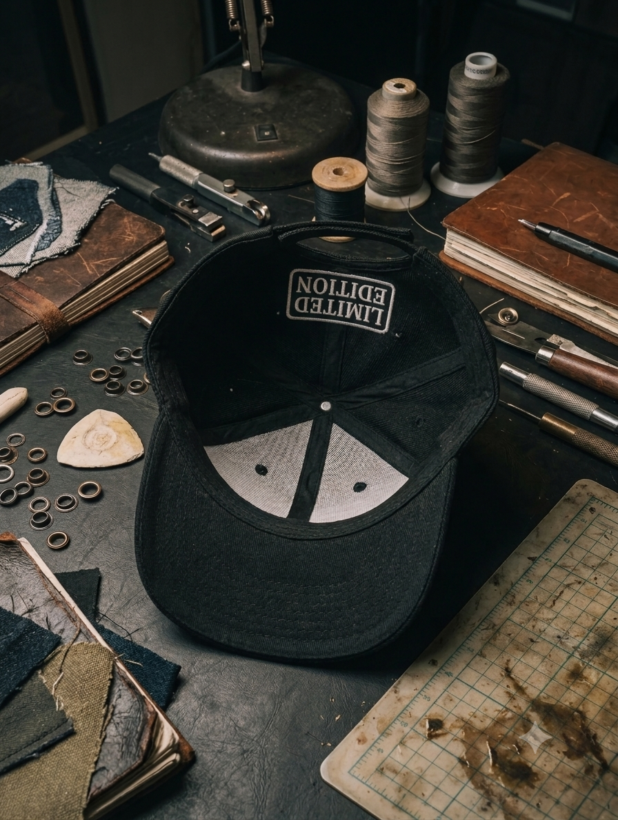 A cluttered work desk with sewing supplies, notebooks, a marker, a cutting mat, and a black cap with 'Limited Edition' embroidered inside.
