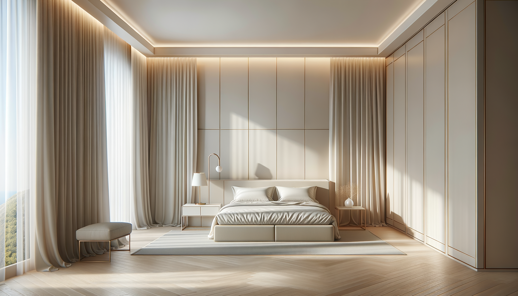 Minimalist bedroom with a large bed, beige bedding, two side tables with lamps, a bench, beige curtains, wood flooring, and soft lighting.