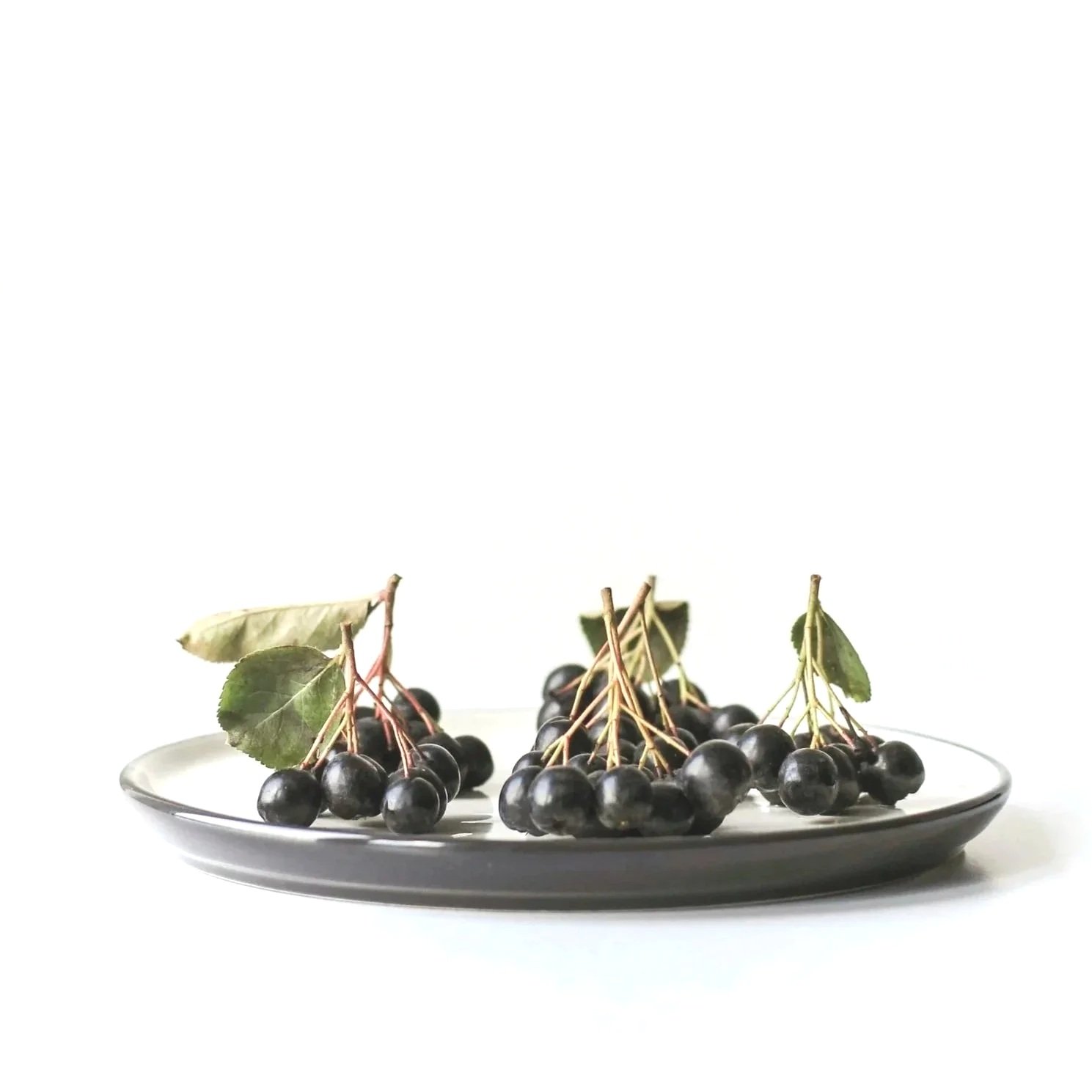 A white plate filled with bunches of fresh black grapes and green leaves, set against a white background.