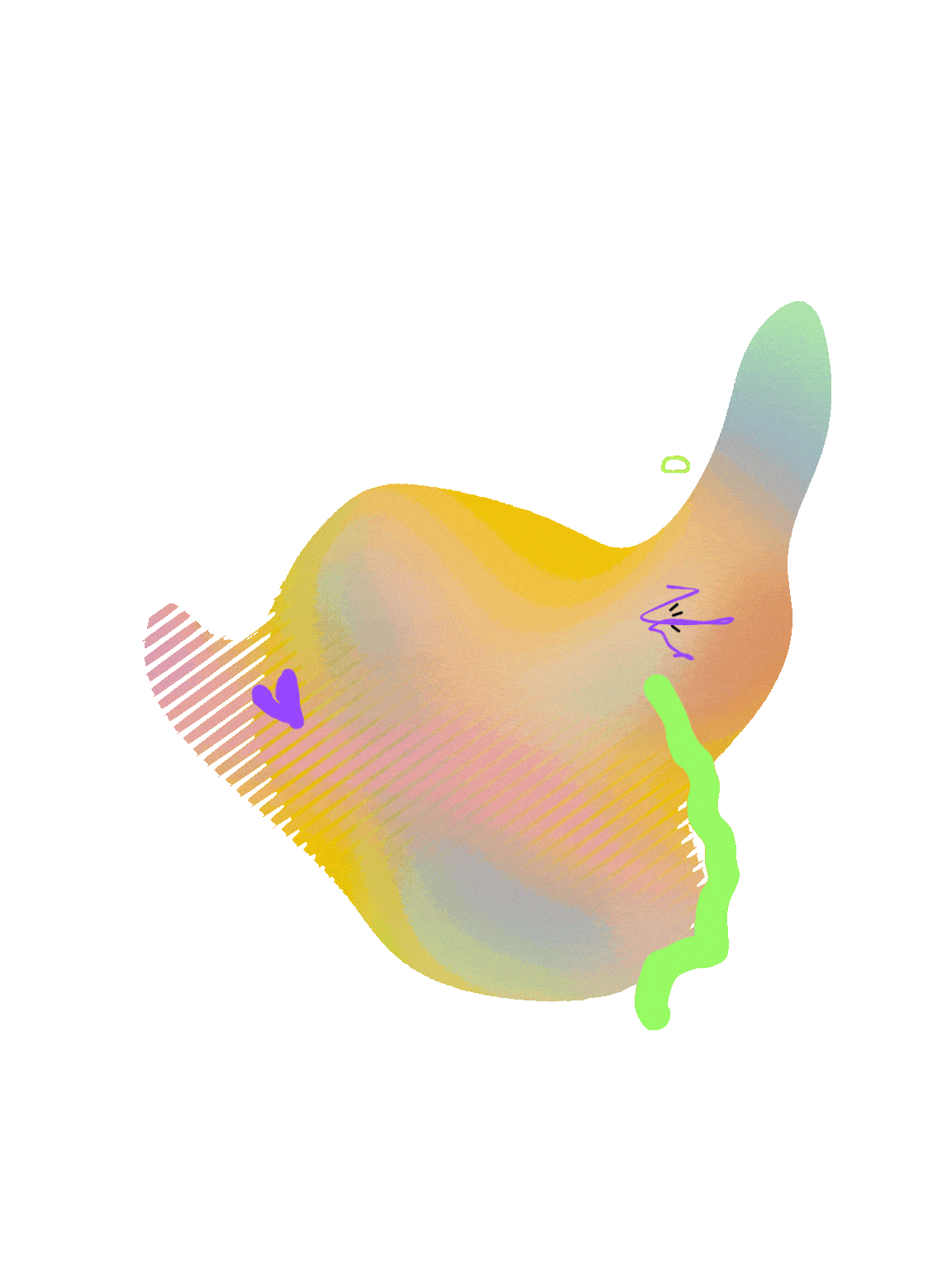 Abstract digital artwork with pastel colors, a purple heart, a green wavy line, and a small purple line drawing resembling a bird or face, on a muted green background.