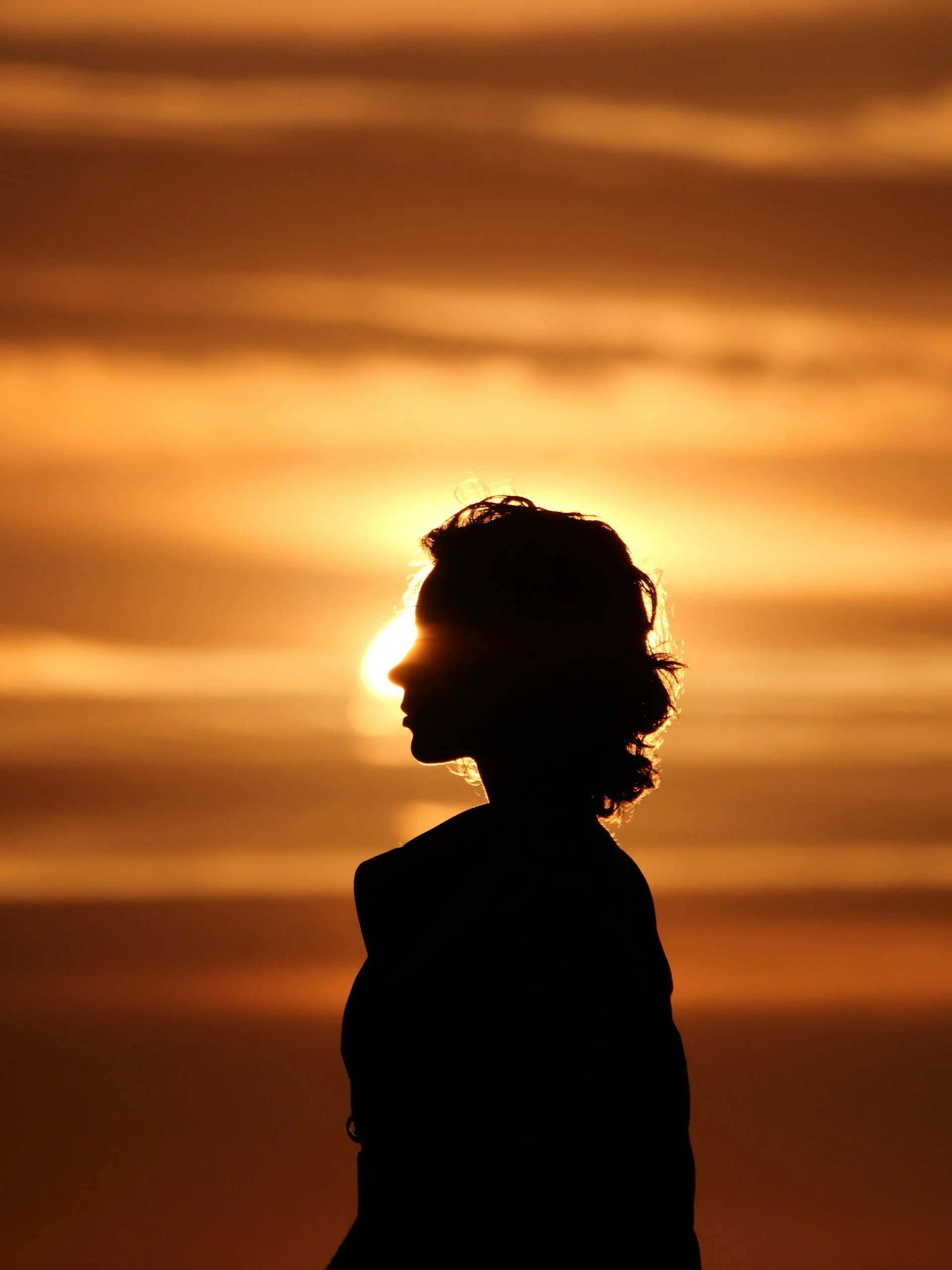 Silhouette of a person with hairstyle, set against a sunset sky with clouds.