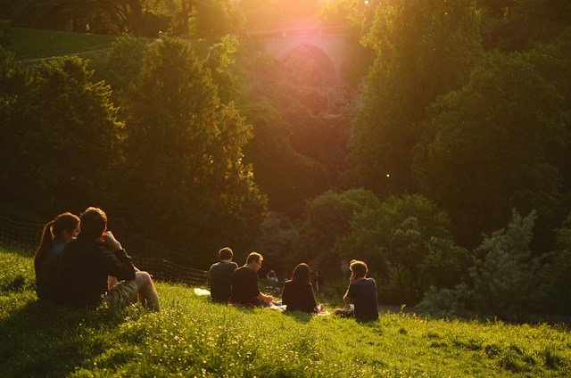 Group of people sitting on grass hillside watching sunset over forested valley.