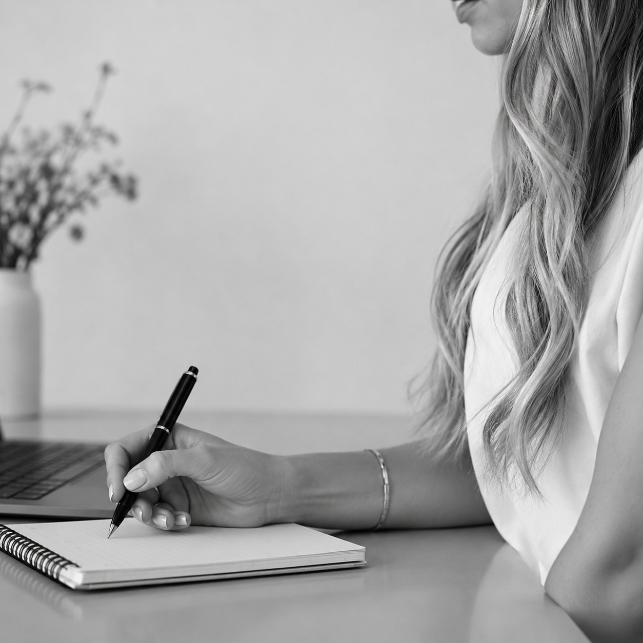 A woman with long, wavy hair writing in a notebook with a pen on a desk, with a laptop and a vase of flowers in the background.