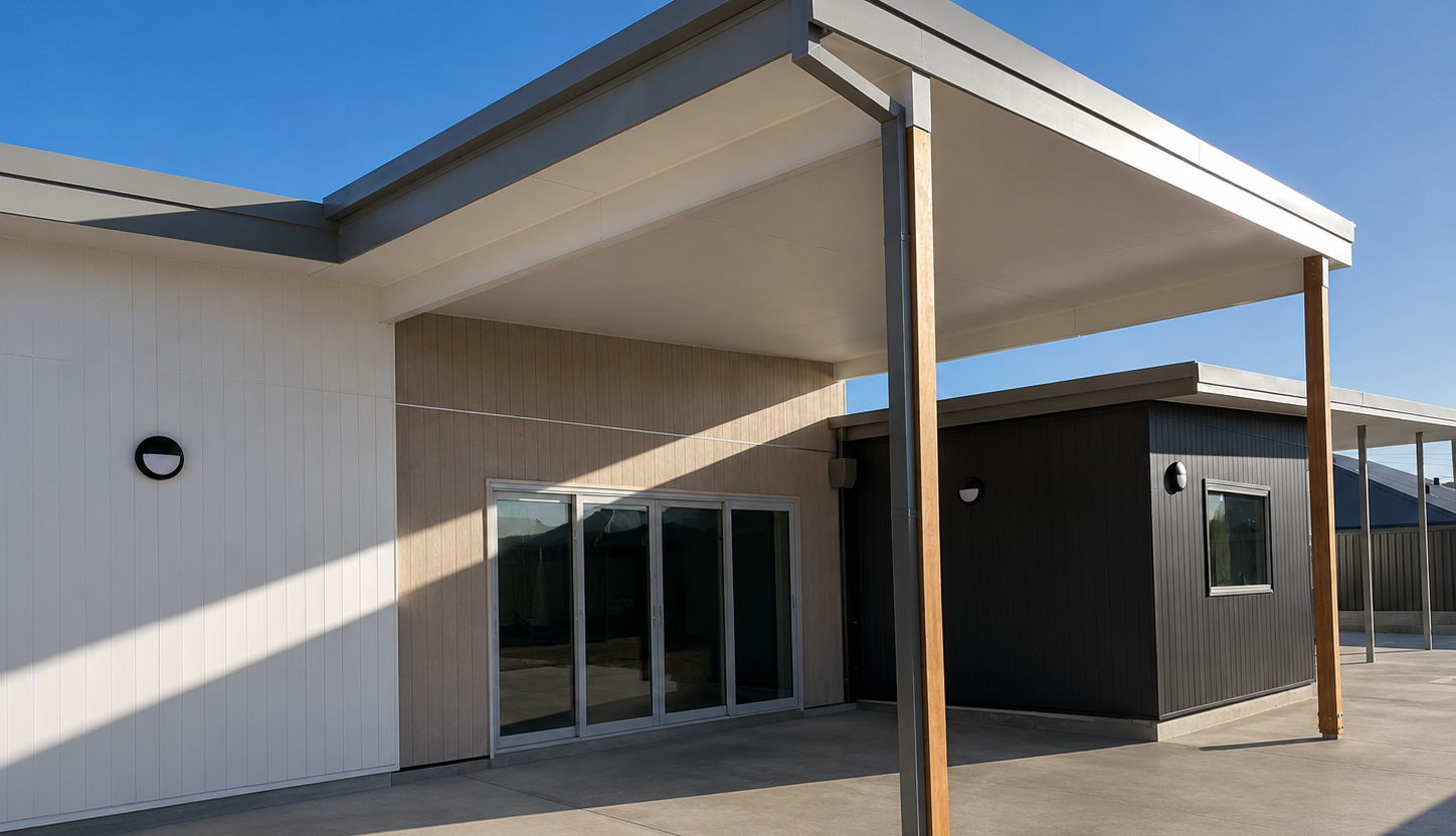 Modern building exterior with white, beige, and black siding, large glass sliding doors, small windows, and wooden support beams on a concrete patio under a clear blue sky.