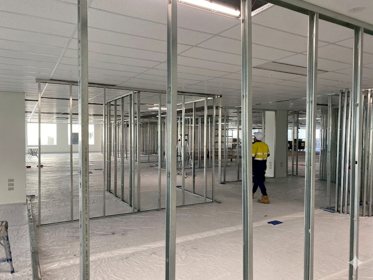Interior of a building under construction with exposed metal framing, a construction worker in a yellow safety vest and white helmet walking through, and no finished walls or ceiling yet.