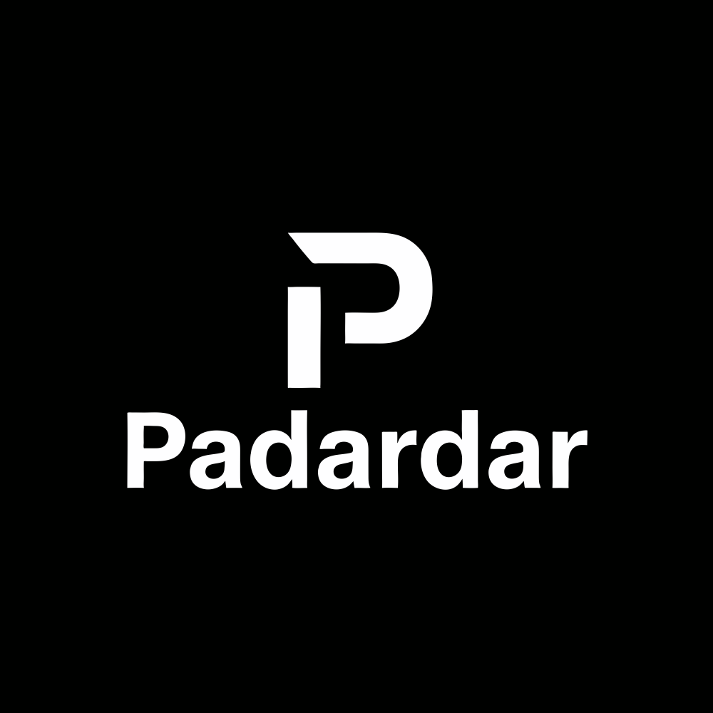Black background with white logo featuring a stylized letter "P" and the word "Padardar" beneath it.