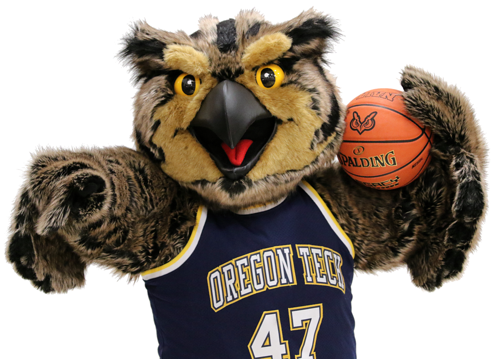A person in a Hootie the Hustlin' Owl mascot suit wearing an Oregon Tech basketball jersey, holding a basketball.