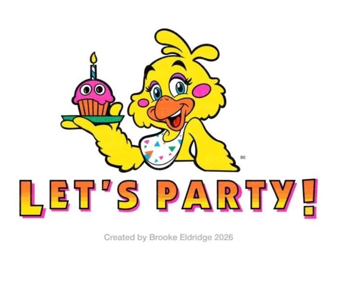 A cartoon yellow bird holding a pink cupcake with a lit candle, with the text "Let's Party!" in colorful block letters.