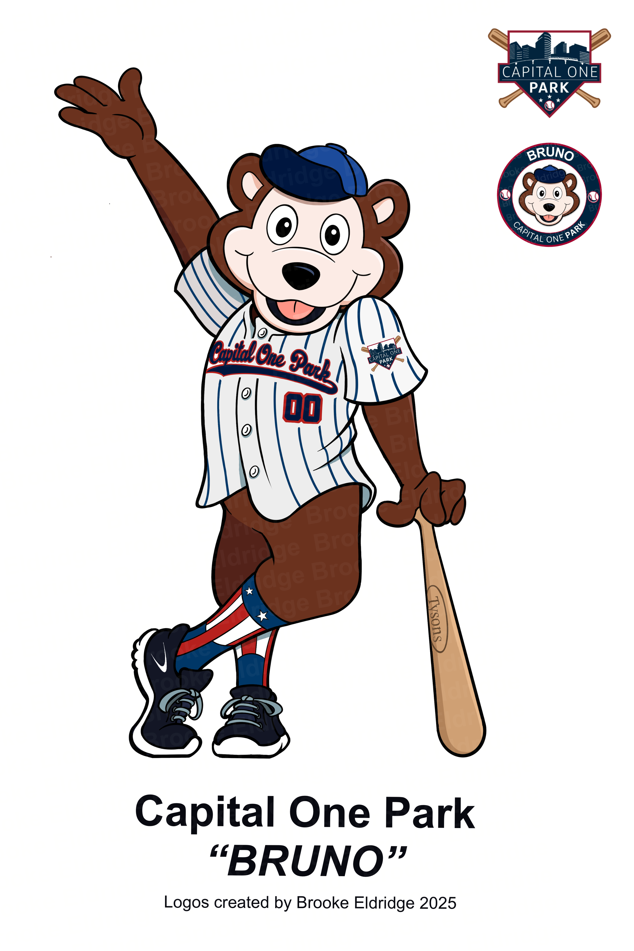 A cartoon bear dressed in baseball attire with a blue cap, striped uniform, and sneakers. The bear is holding a baseball bat and has its right arm raised in a wave. The uniform has the text "Capital One Park" and the number "00." The image includes the logos for "Capital One Park" and "Bruno" with baseball themes. The text beneath the bear reads "Capital One Park" and "Bruno," followed by a note stating "Logos created by Brooke Eldridge 2025."