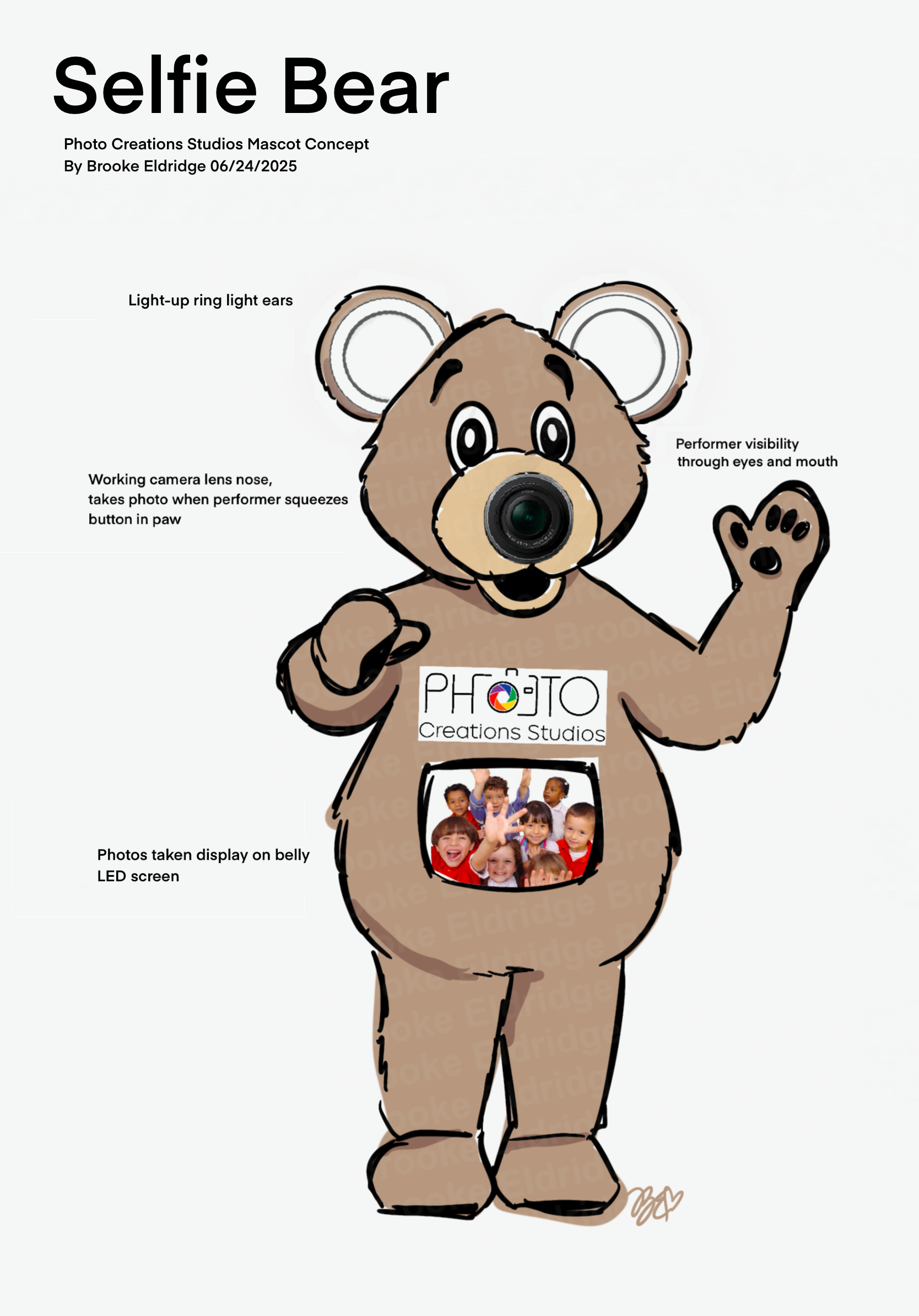 Cartoon bear mascot with a camera lens nose, light-up ring light ears, and performer visibility through eyes and mouth, with photos displayed on its belly LED screen.